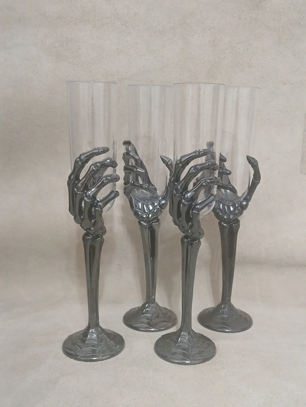 Skeletal Halloween Hand Dark Gray Plastic Champagne Flutes 4 Pcs NEW
